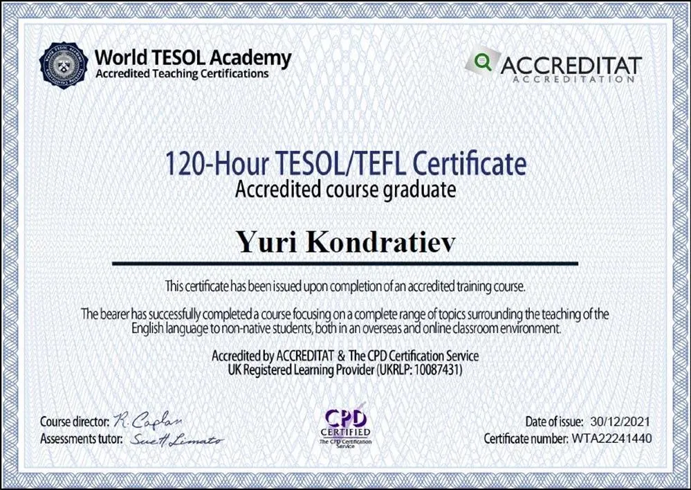 Международный сертификат TESOL/TEFL (120 часов) от World TESOL Academy (Великобритания)