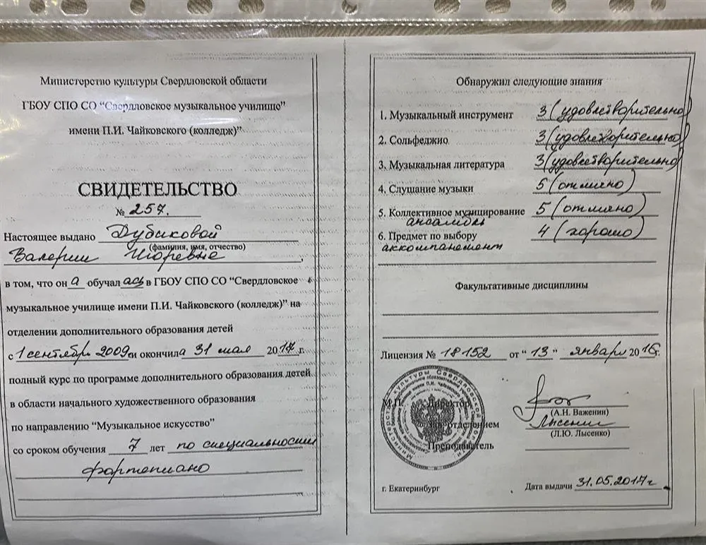 Свидетельство об окончании муз.школы при училище им.Чайковского 