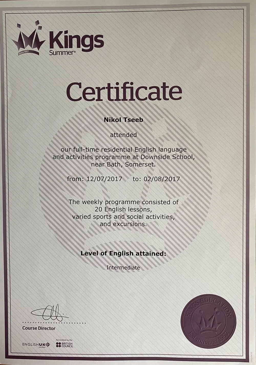 English certificate, level intermediate - B1 (сертификат по английскому языку уровень B1) 