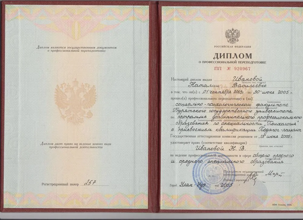 Диплом о профессиональной переподготовке «Психология»