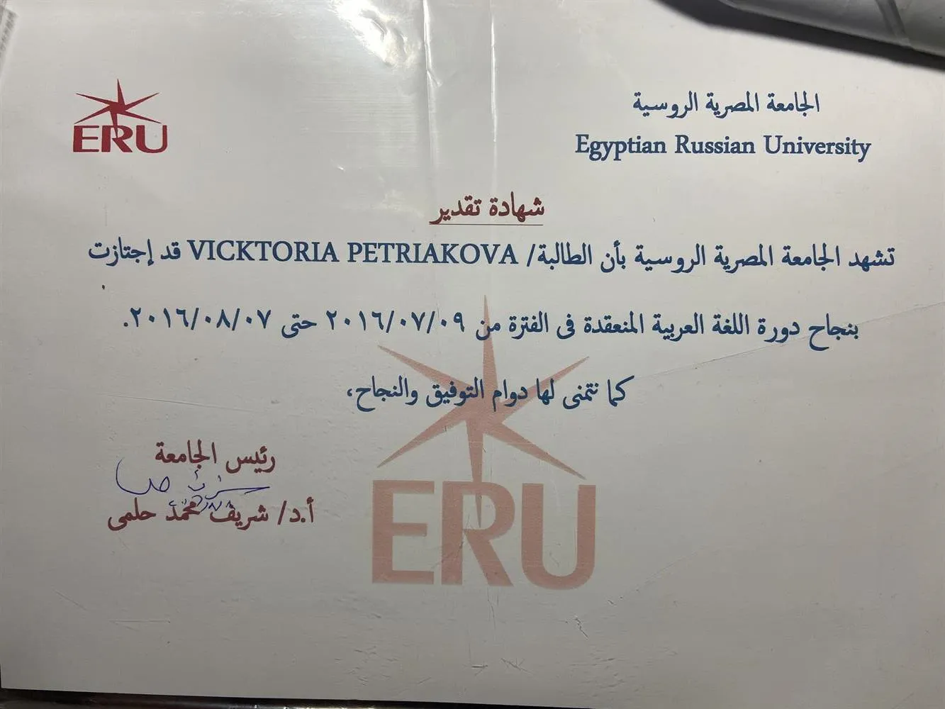 Сертификат о прохождении языковой практики в Египте 