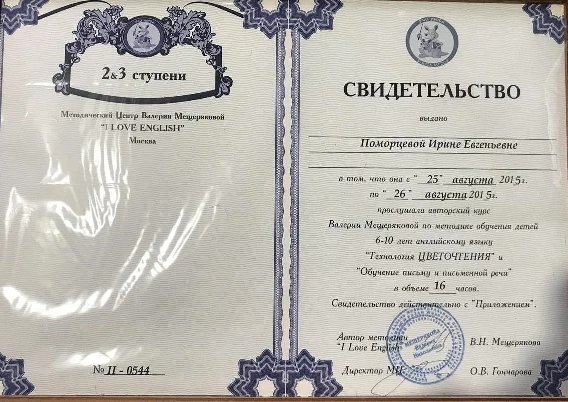 Свидетельство 2-3 ступени по методике В. Мещеряковой 