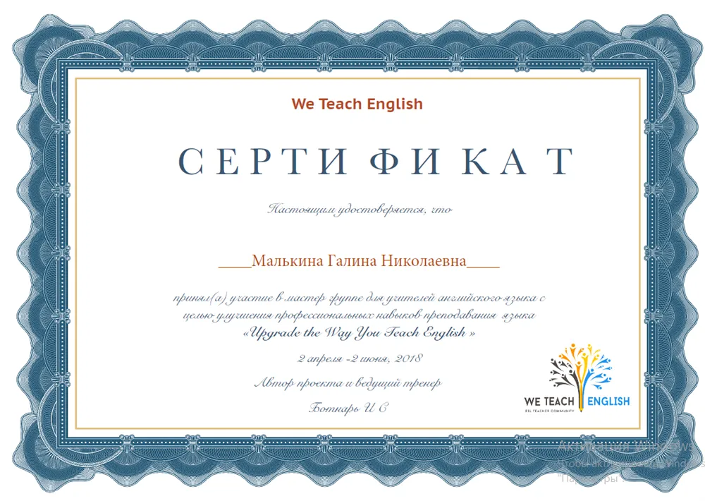 Сертификат о прохождении обучающего курса в преподавании 2017