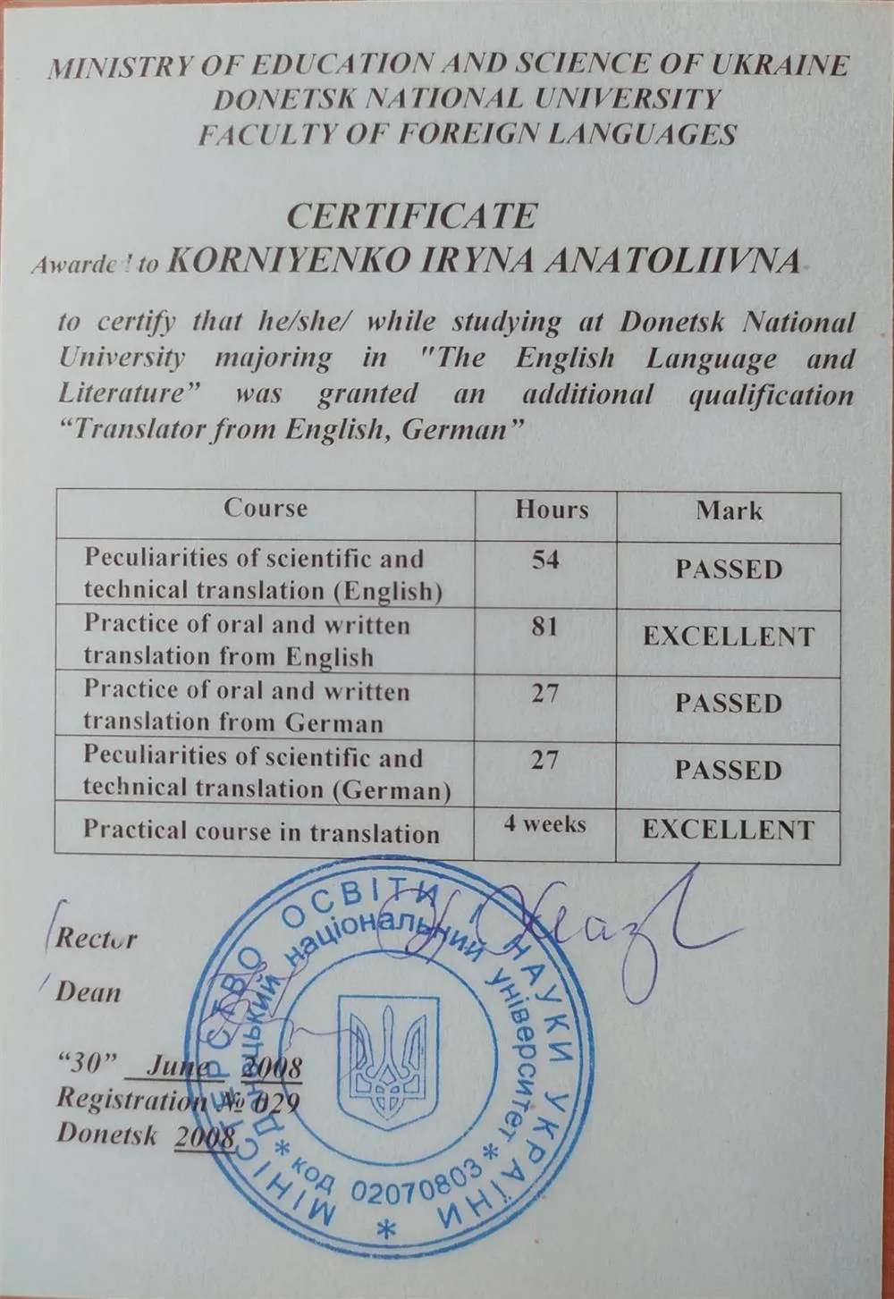 Свидетельство переводчика