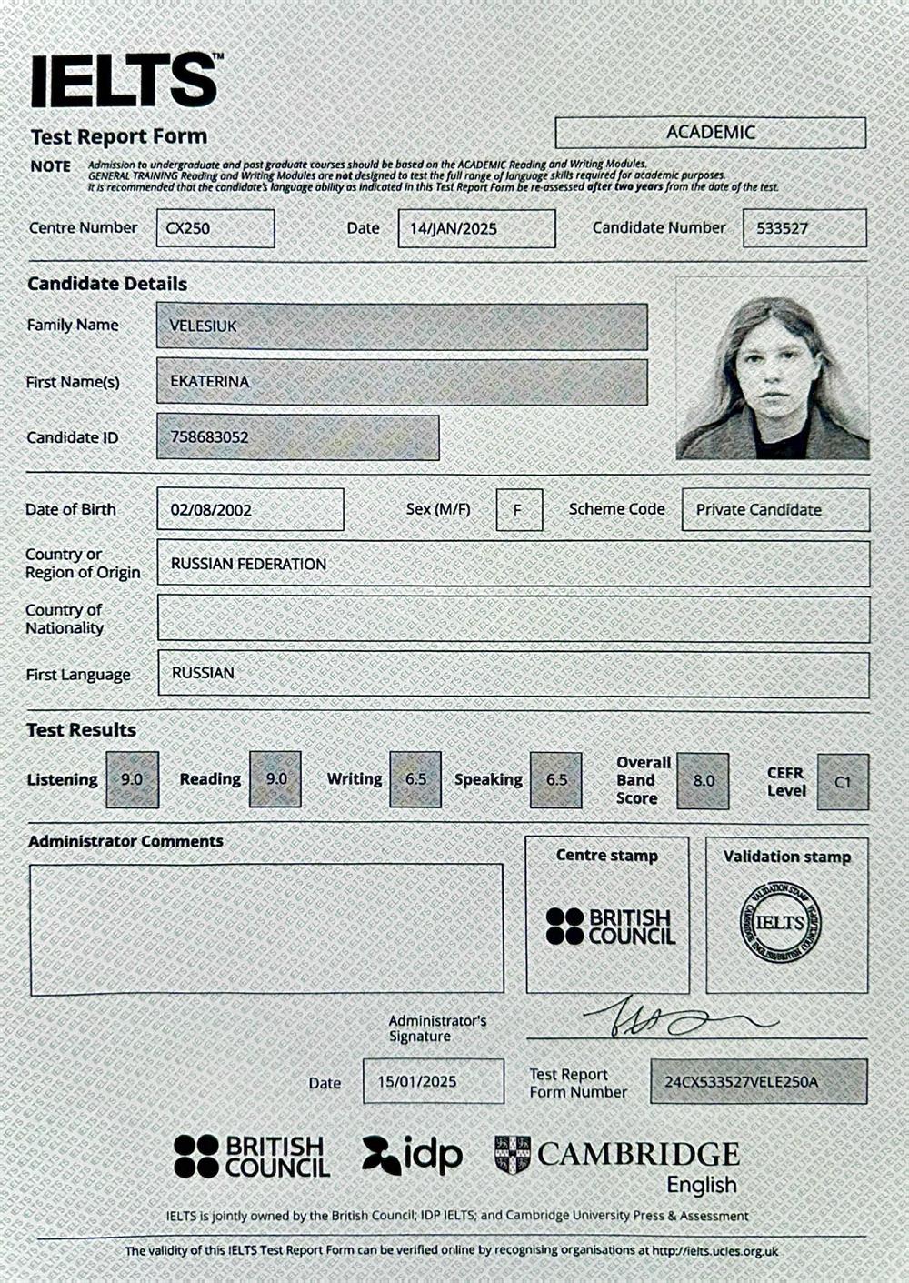 Сертификат. IELTS Academic 