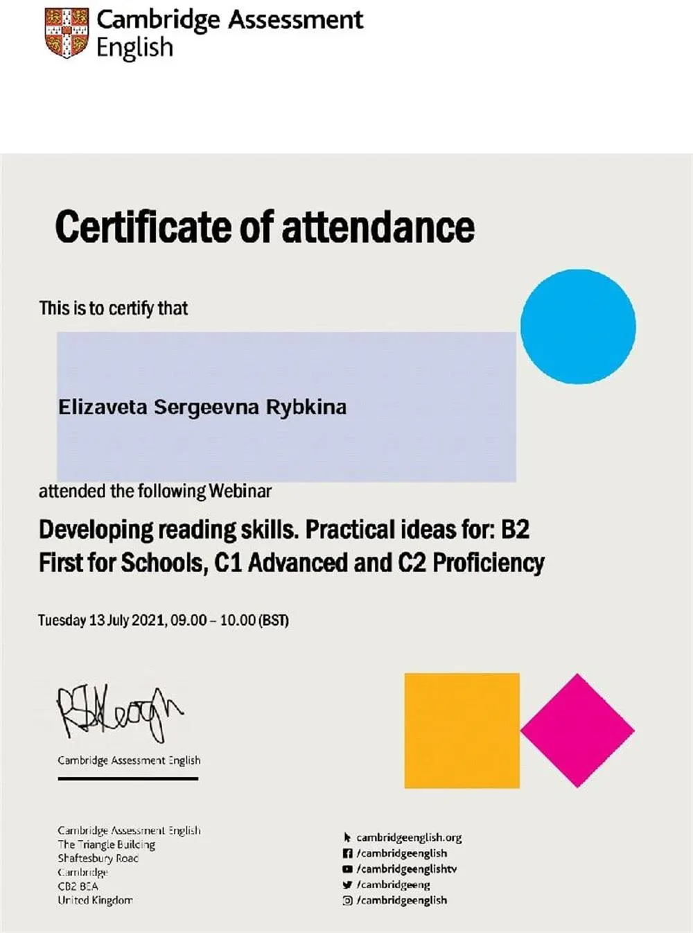 Cambridge Assessment English: certificate of attendance 