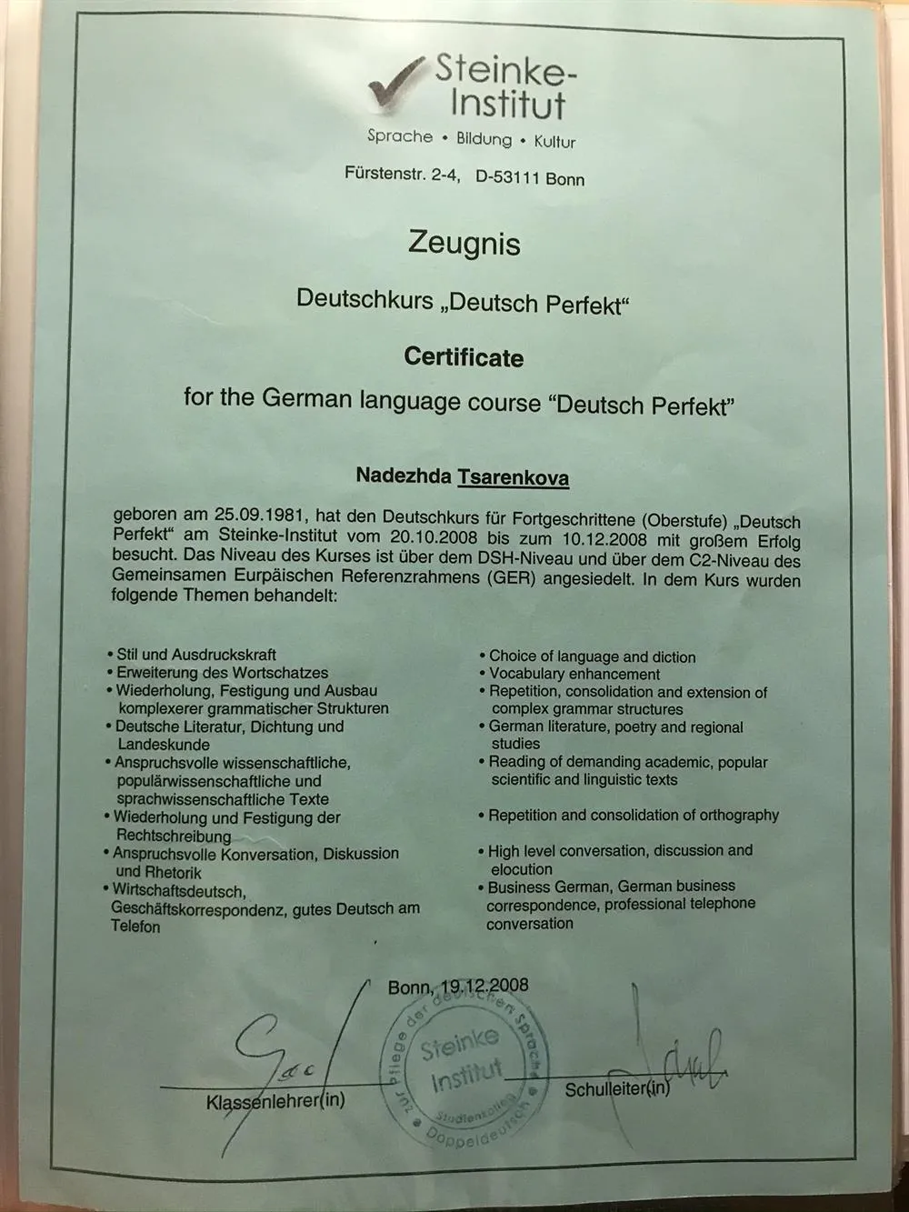 Deutschkurs „Deutsch Perfekt“ (Steinke-Unstitut)