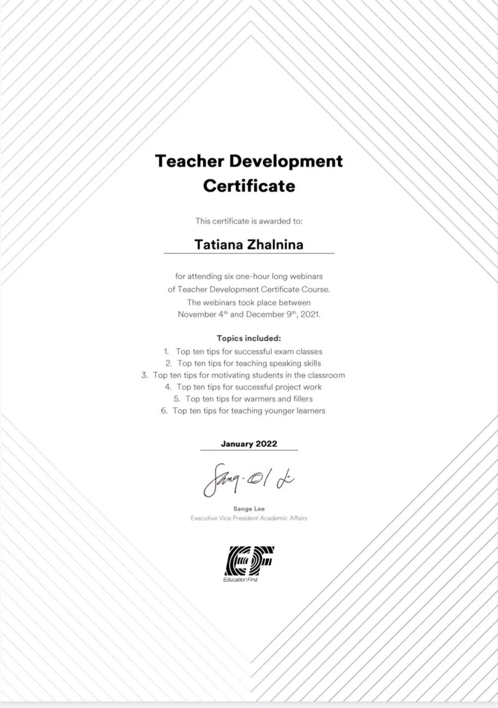English First Teachers's Development Certificate