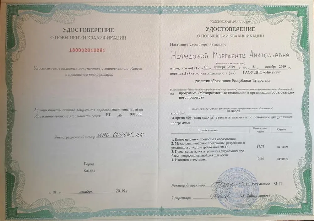 Удостоверение о повышении квалификации, 2019 год
