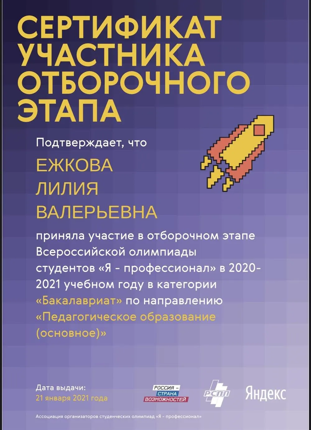 Участник отборочного этапа Всероссийской олимпиады студентов «Я профессионал» в категории «Балакавриат» по направлению «Педагогическое образование (основное)», 2021 г.