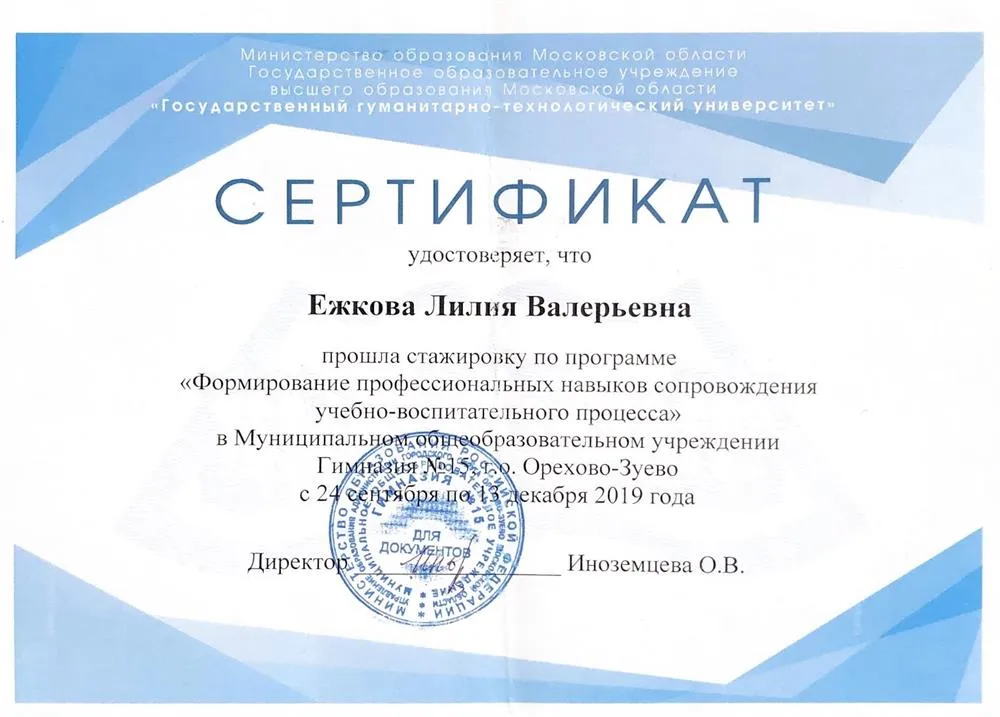 Стажировка по программе "Формирование профессиональных навыков сопровождения учебно-воспитательного процесса", 2019г.