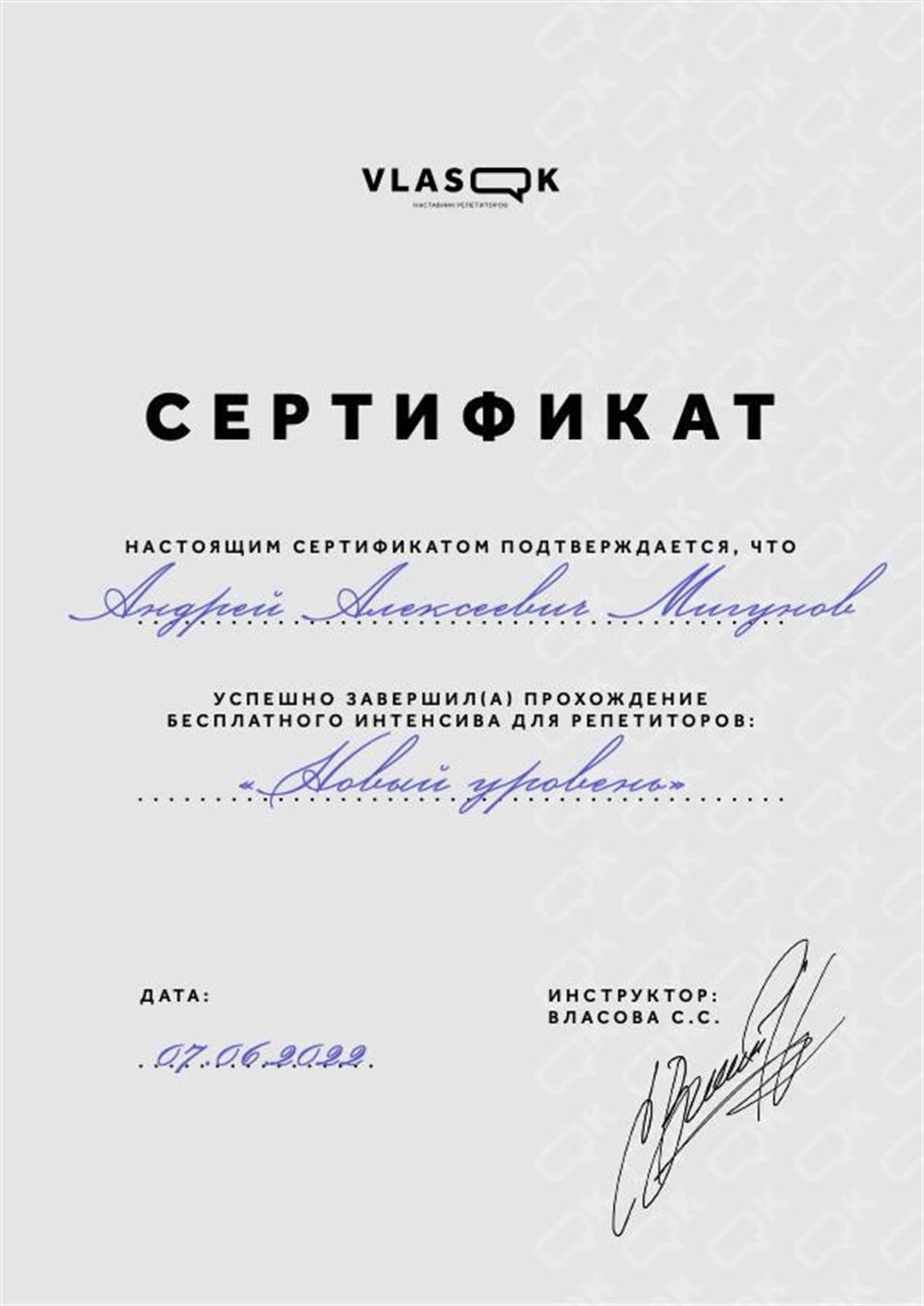 Сертификат.  Vlassova, повышение квалификации репетиторов «Новый уровень 5.0»