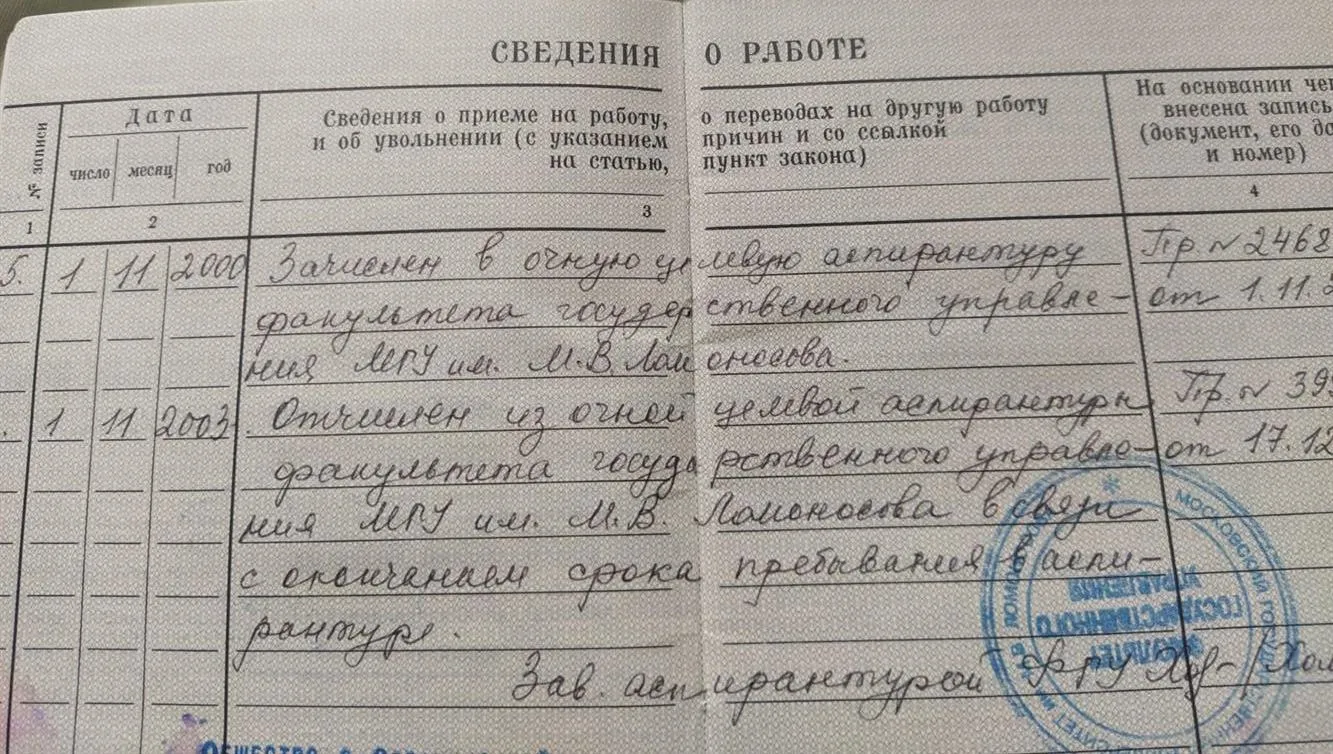 Выписка из трудовой книжки очная аспирантура МГУ факультет государственного управления 