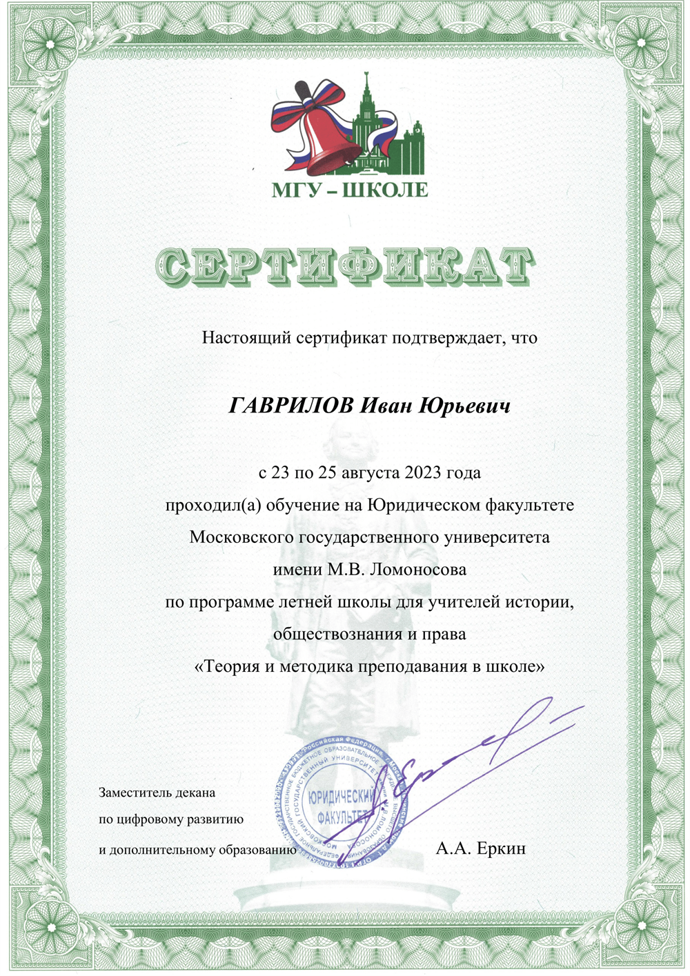 Сертификат "Теория и методика преподавания в школе"