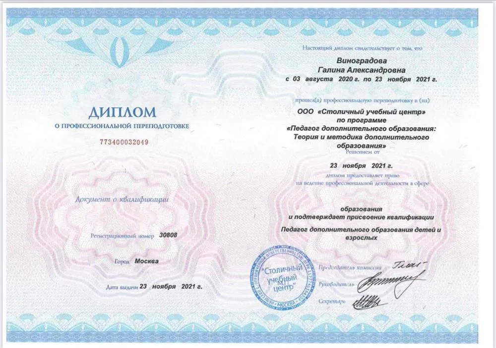 Диплом - педагог дополнительного образования детей и взрослых