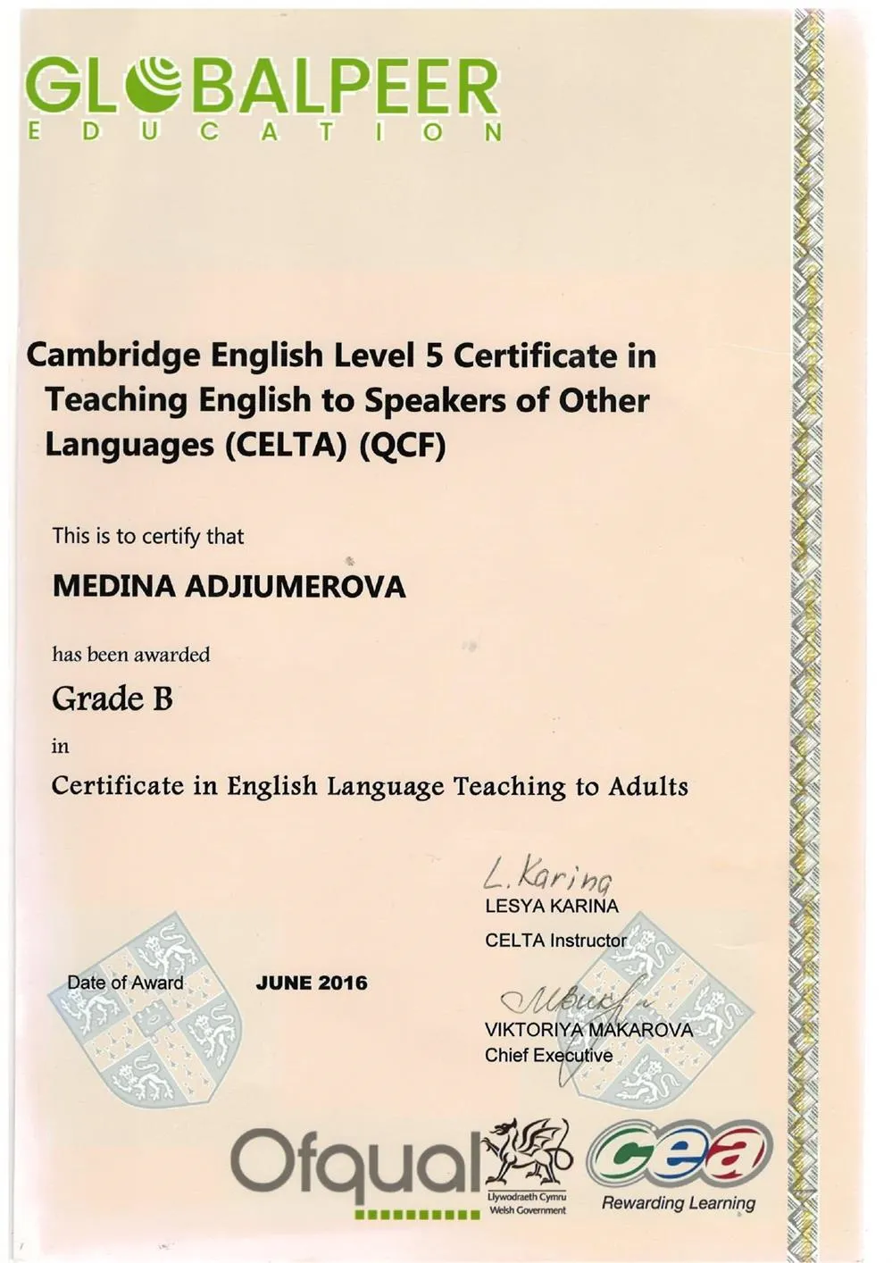 CELTA certificate