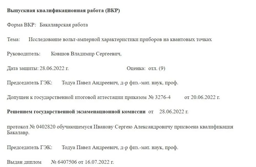 Подтверждение получения диплома бакалавра
