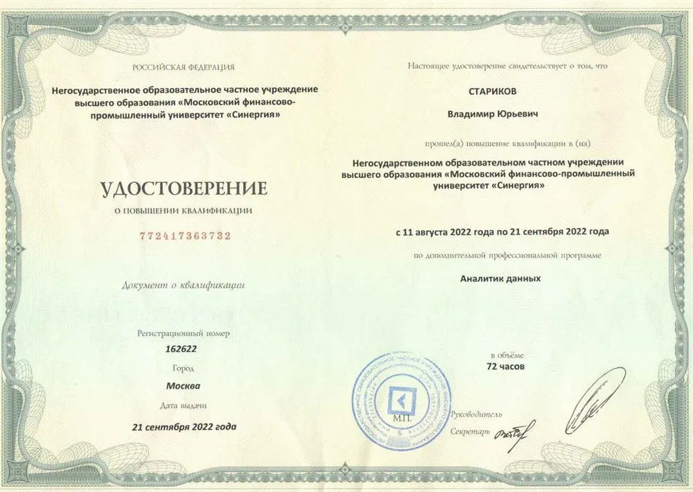 Повышение квалификации по программе "Аналитик данных" Университет "Синергия"
