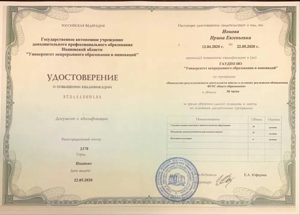 Удостоверение о повышении квалификации