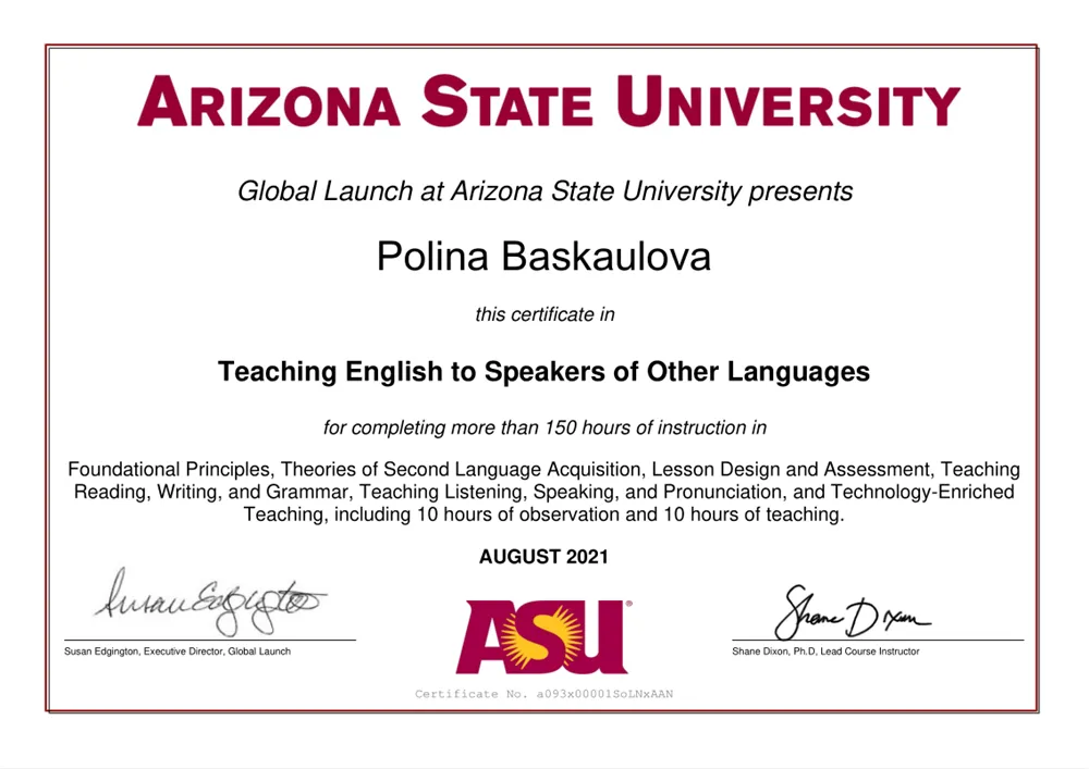 TESOL CERTIFICATE Arizona State University