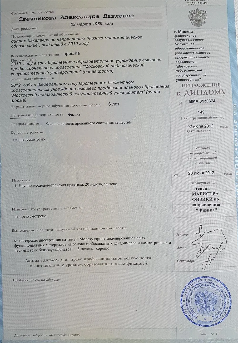 Диплом магистра физики