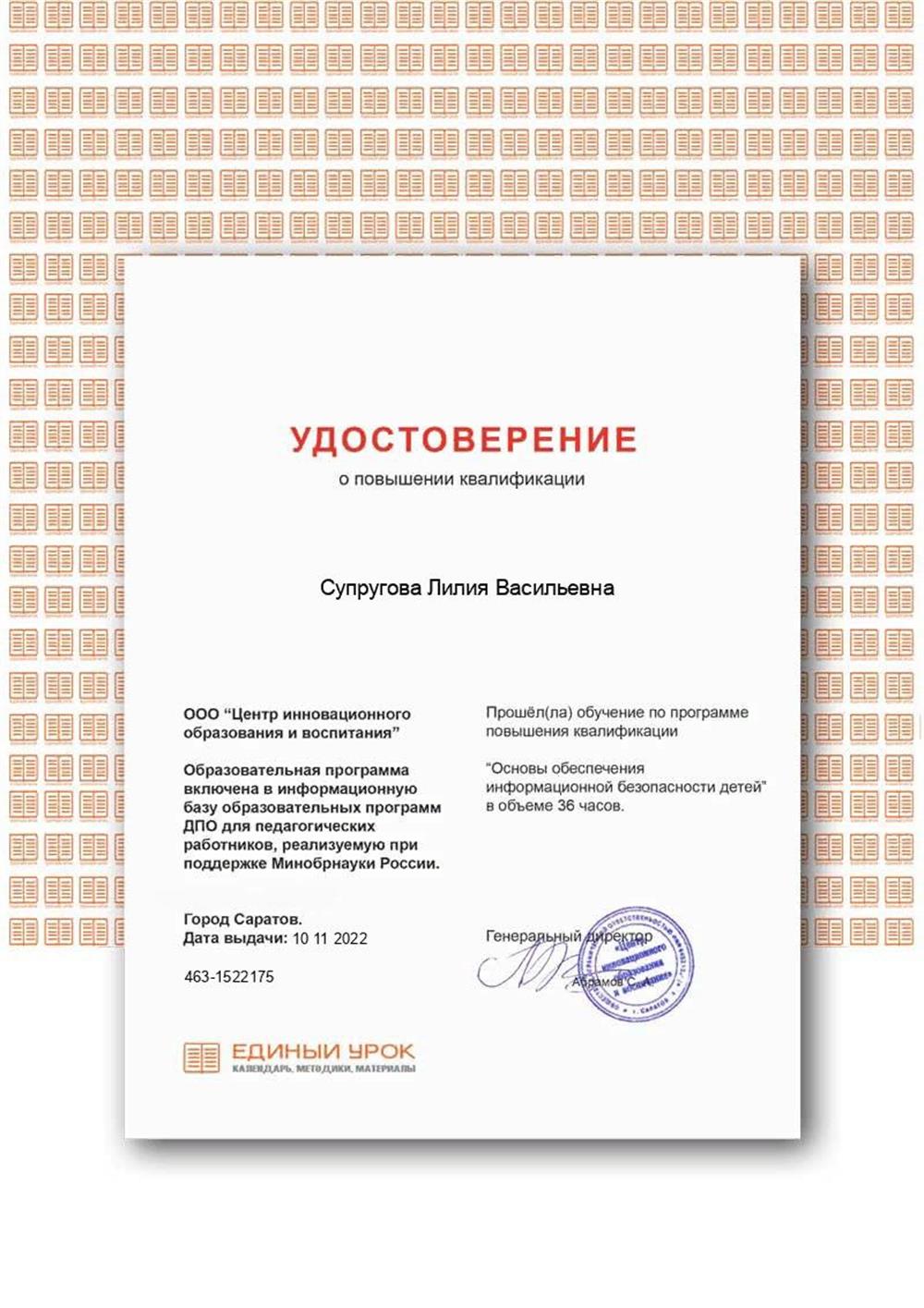 Удостоверение о повышении квалификации "Основы обеспечения информационной безопасности детей"