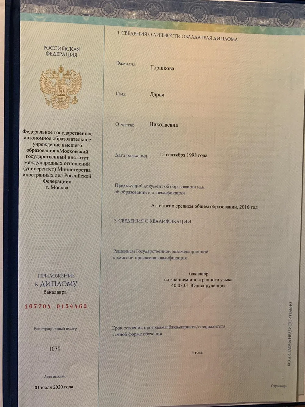 Диплом бакалавра МГИМО