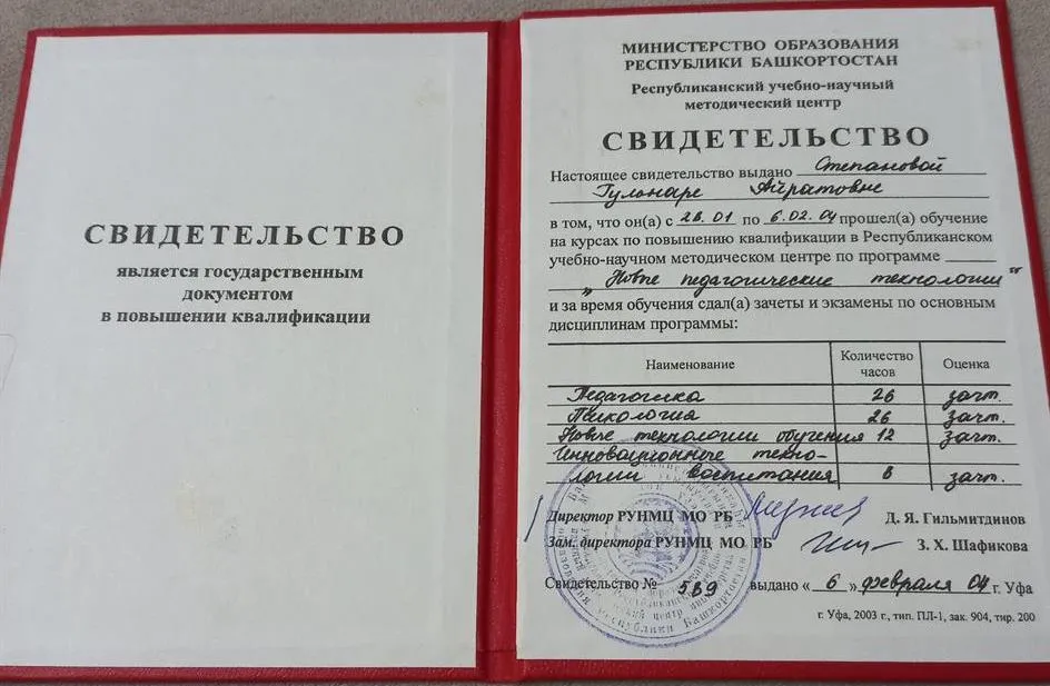 Свидетельство о повышении курсов квалификации 