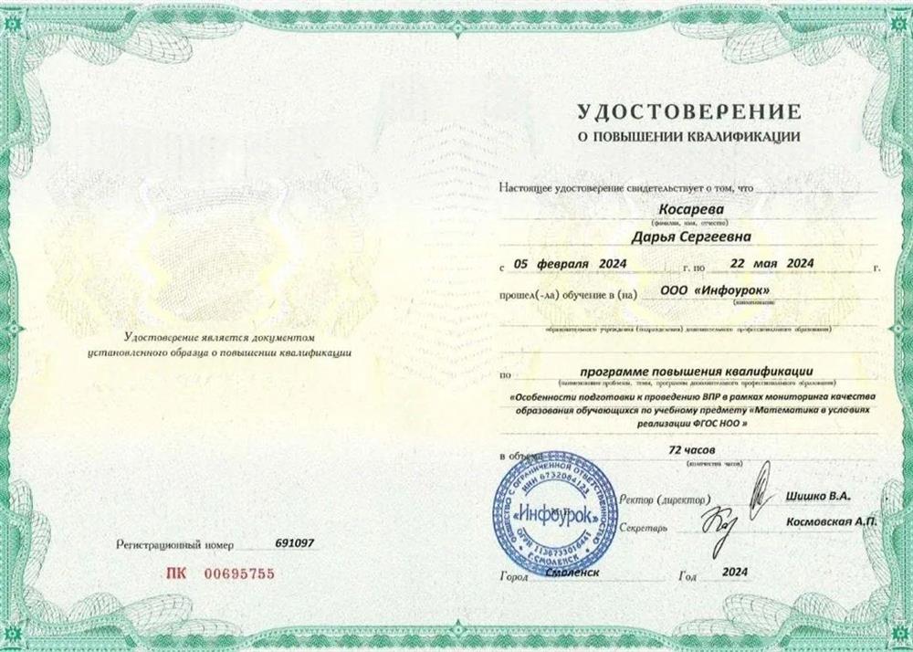 Удостоверение. Повышение квалификации «Особенности подготовки к проведению ВПР в рамках мониторинга качества образования обучающихся по учебному предмету "Математика в условиях реализации ФГОС НОО"»