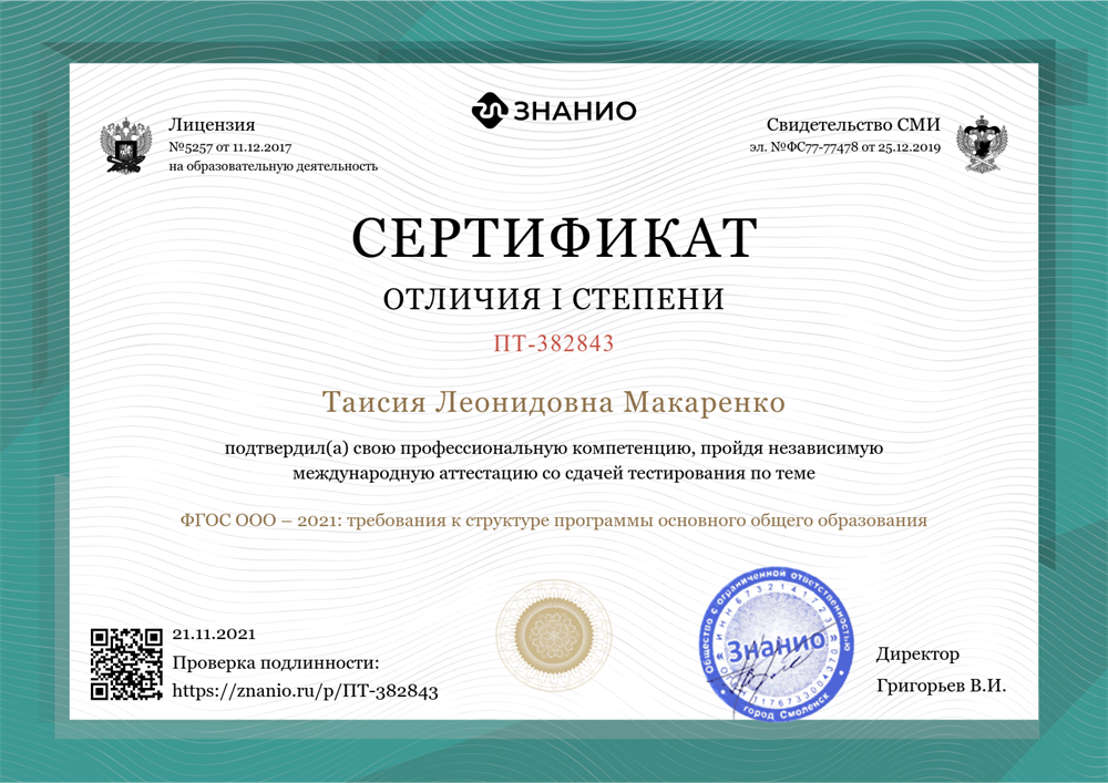 Сертификат о прохождении международной аттестации со сдачей тестирования
