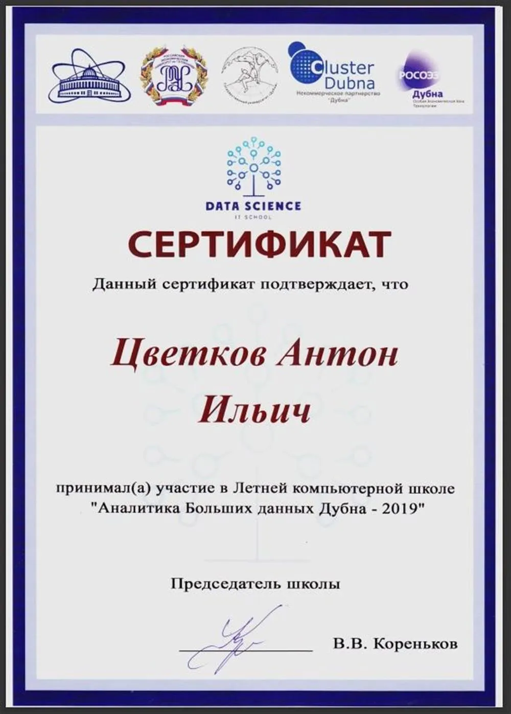 Сертификат об участии в Летней компьютерной школе "Аналитика Больших данных Дубна - 2019"