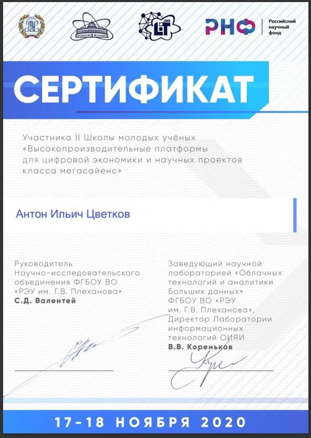 Сертификат об участии во II Школе молодых учёных "Высокопроизводительные платформы для цифровой экономики и научных проектов класса мегасайенс"