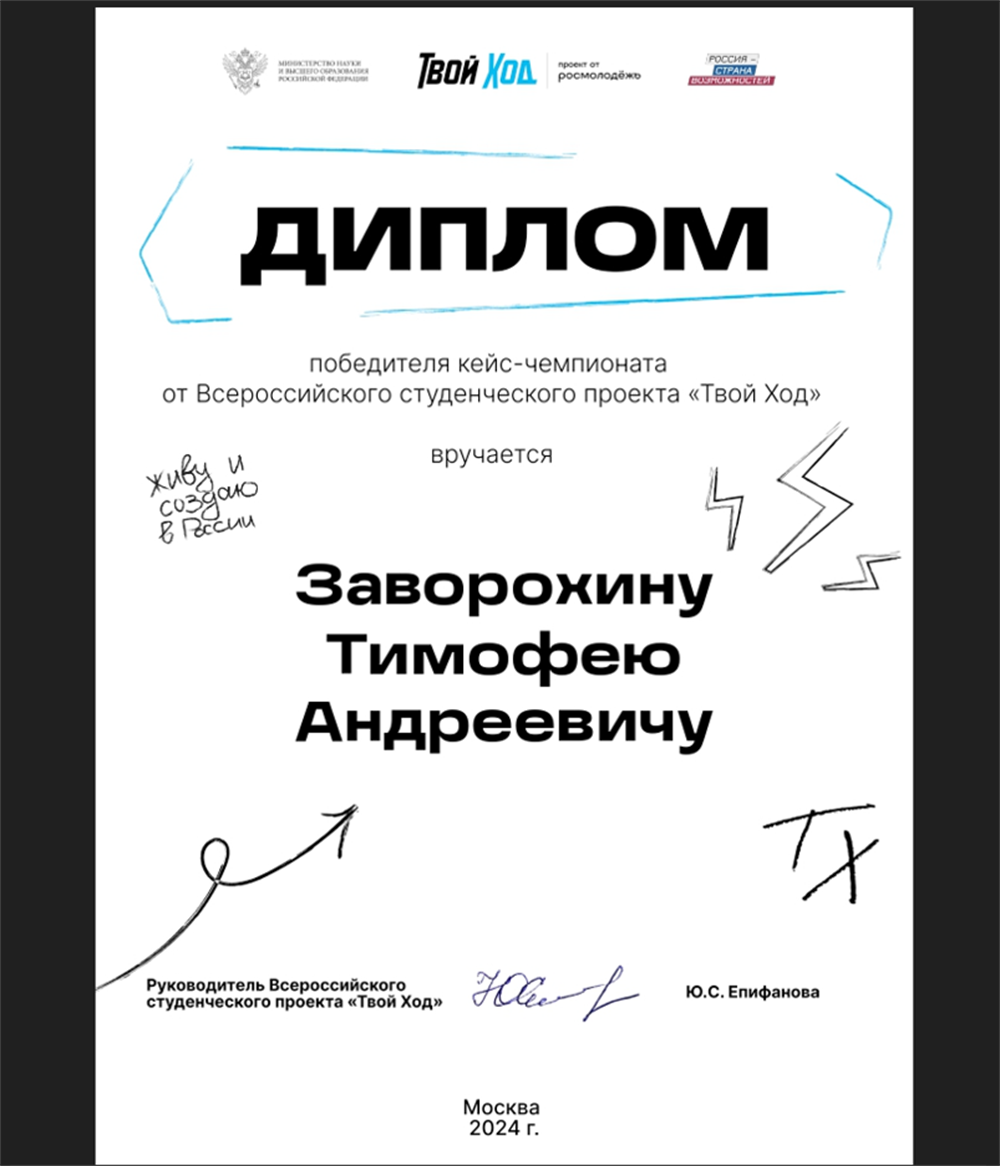 Диплом победителя проекта "Твой Ход"