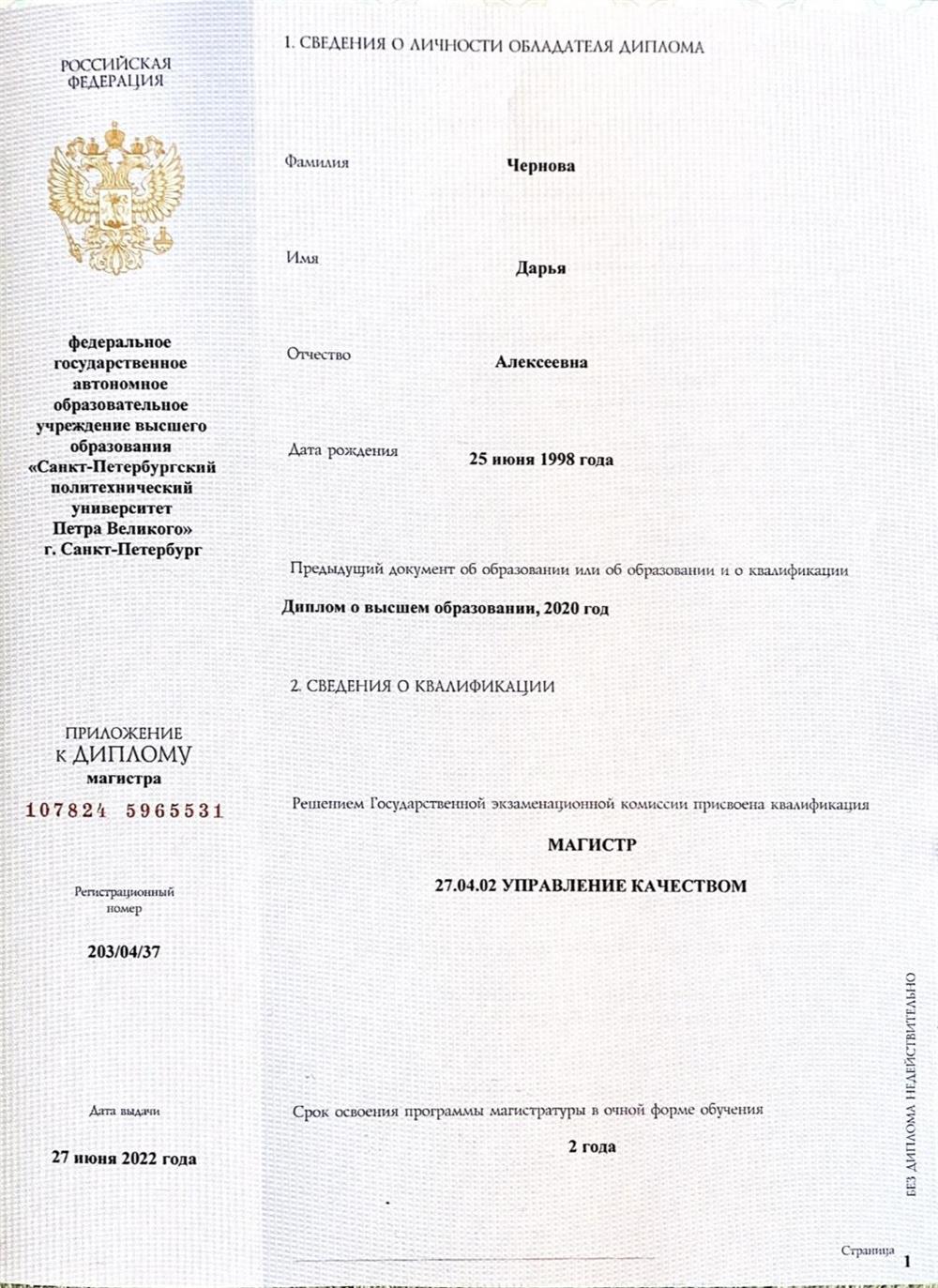 Диплом магистра СПбПУ