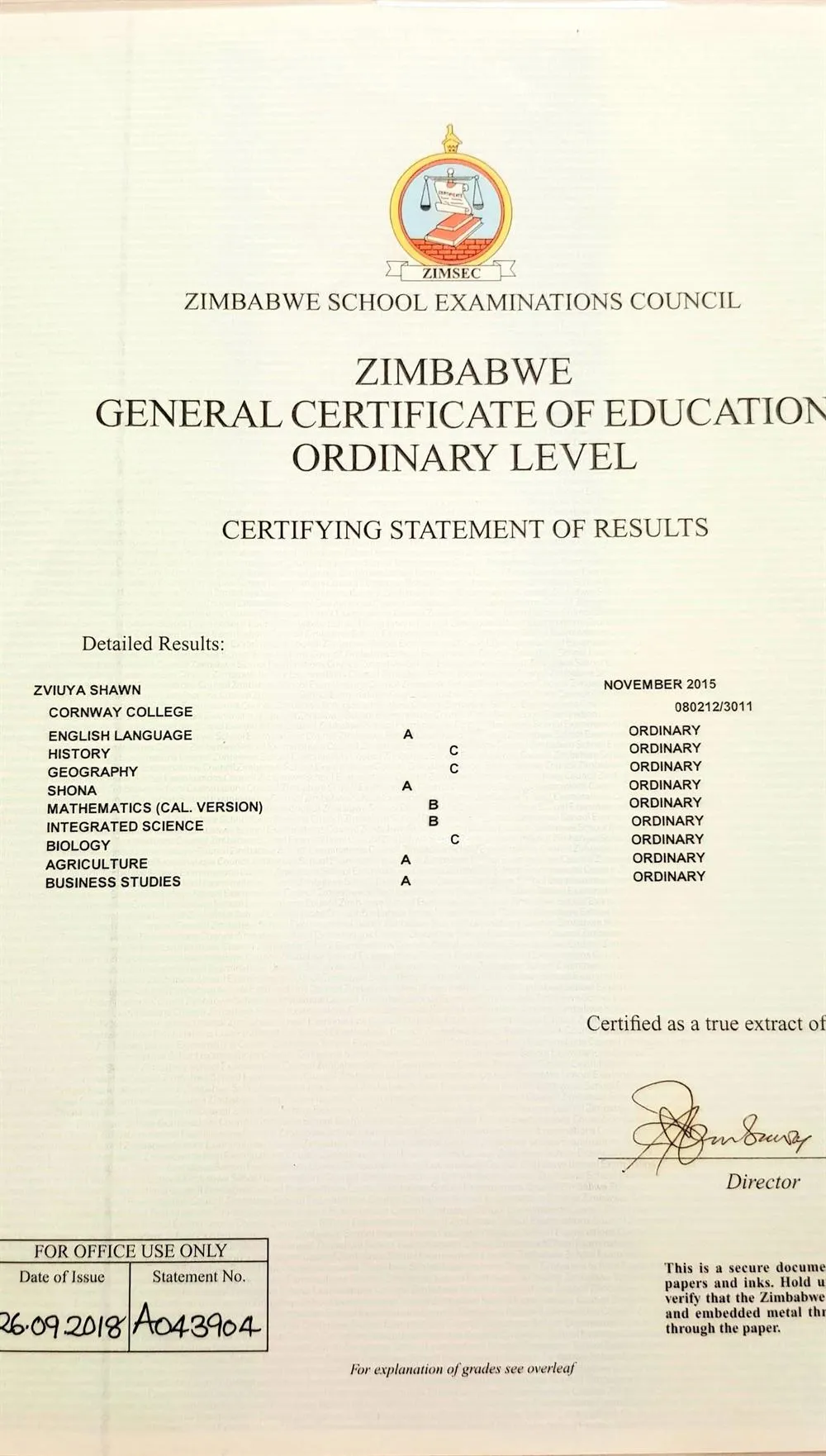 Certificate for o level with an A in English Language