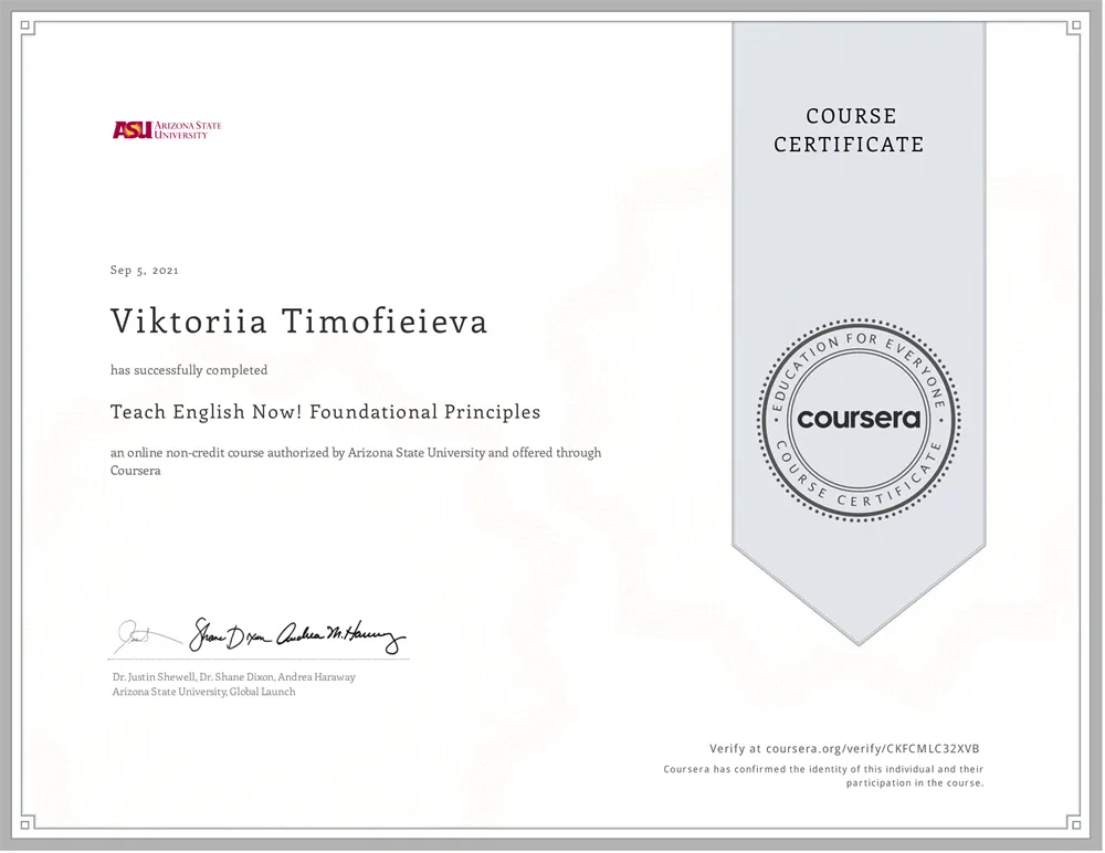 Certificate Coursera ASU Teach English Now! Foundational Principles