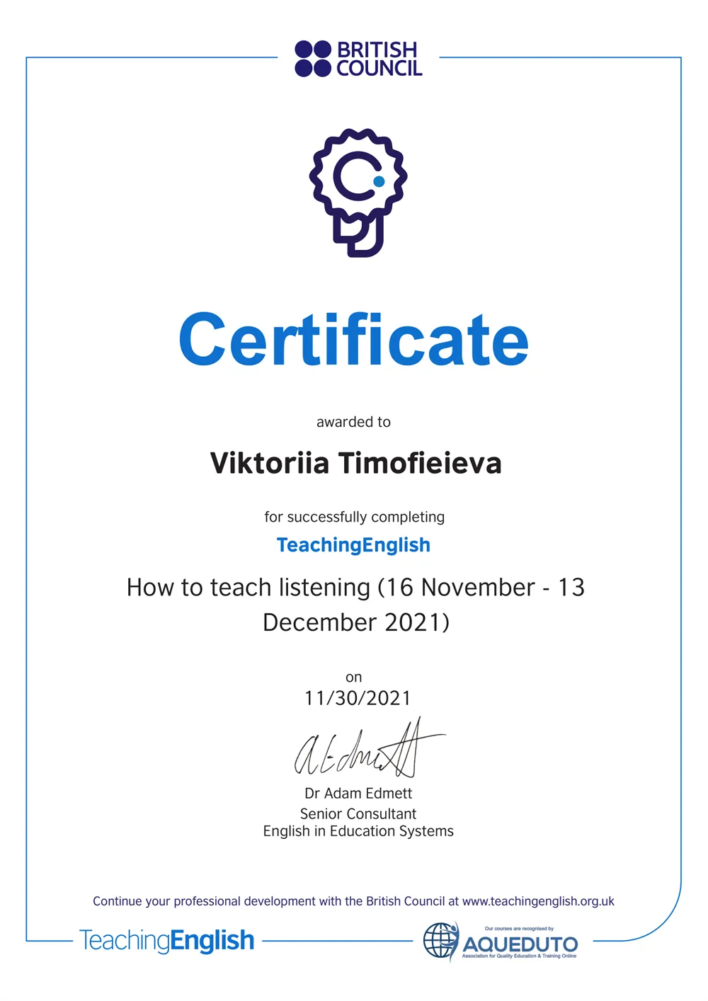 British Council Certificate of Completing: How to teach listening