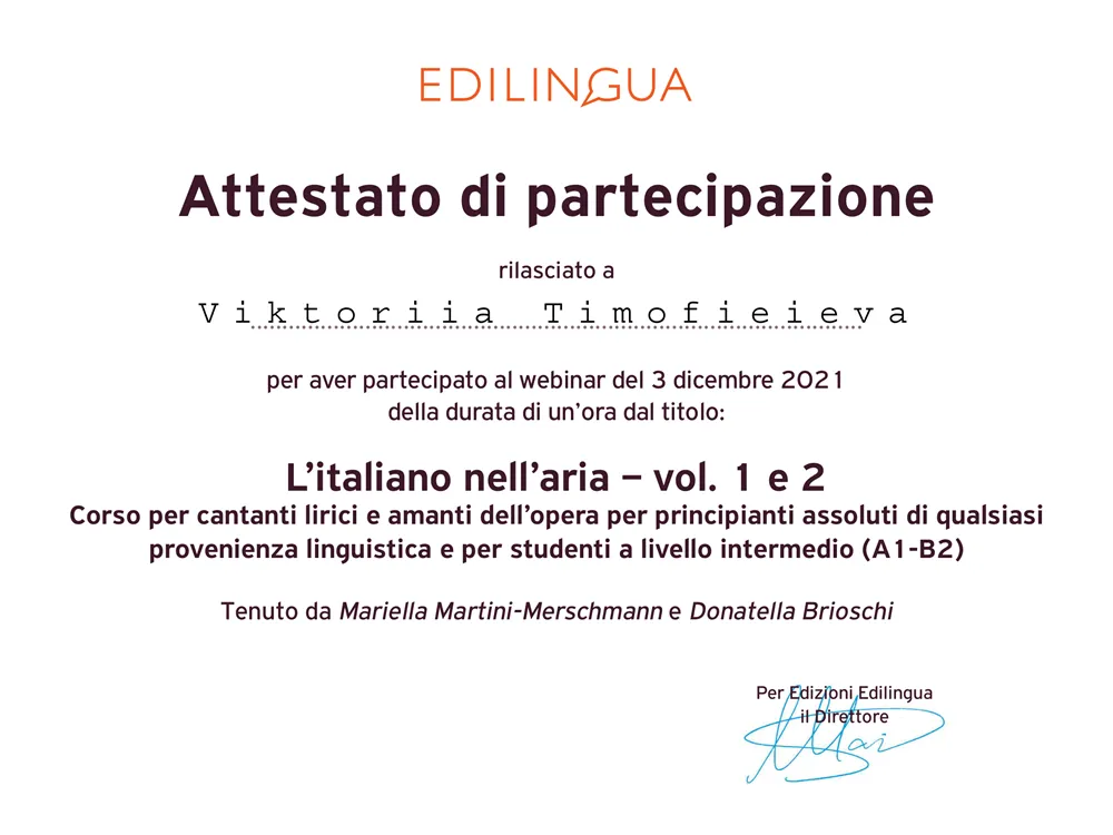 Attestato di partecipazione. Webinar: L'italiano nell'aria