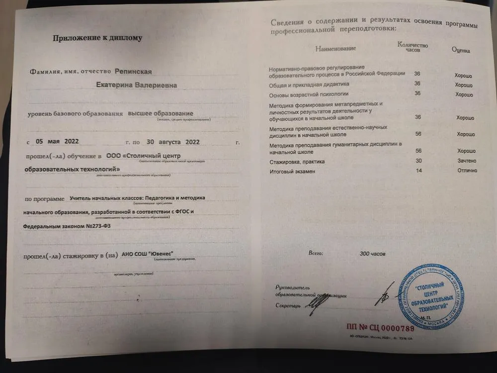 Диплом о профессиональной переподготовке "Учитель начальных классов"