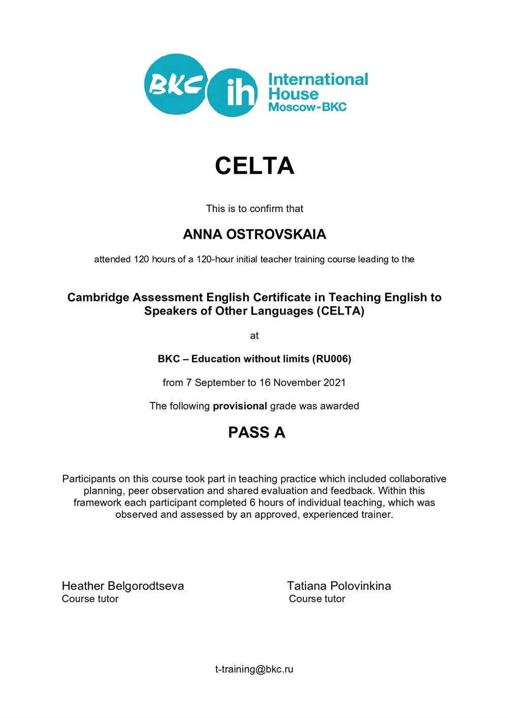 CELTA Pass A
