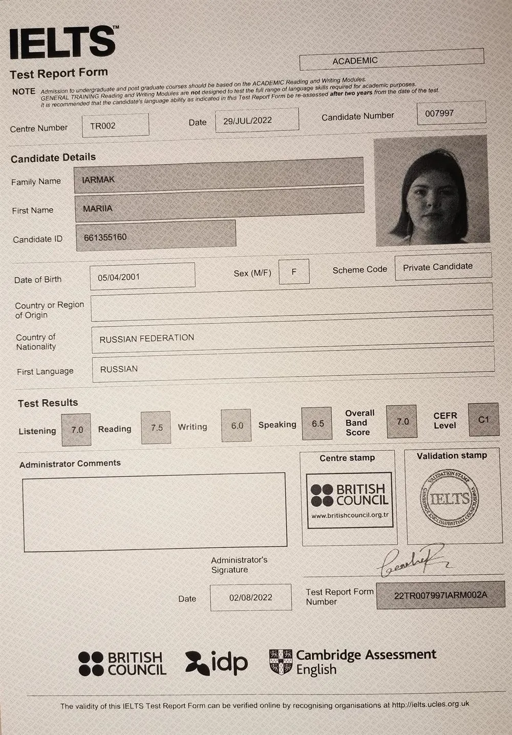 Ielts Test Report Form