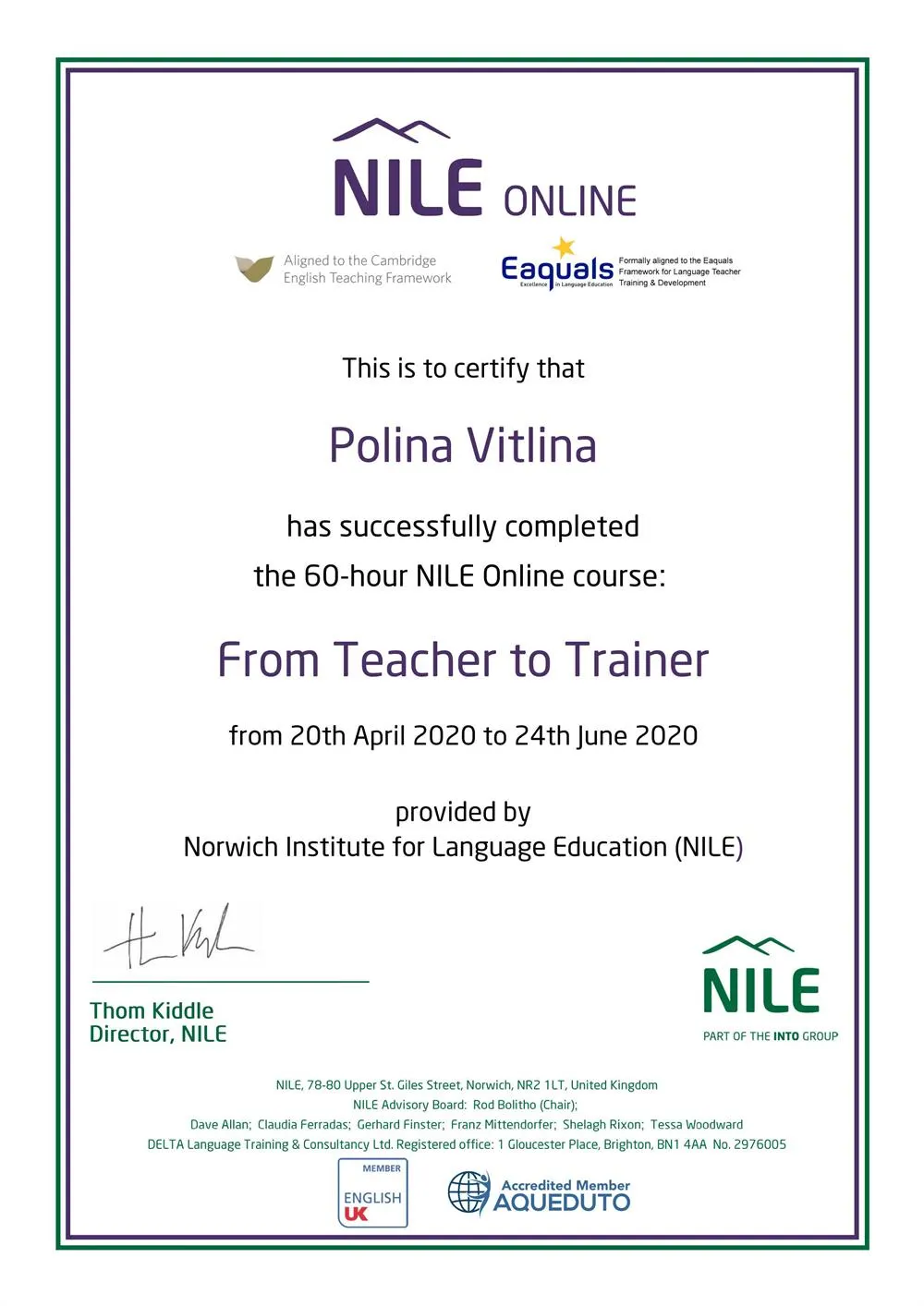Certificate: From Teacher to Trainer NILE