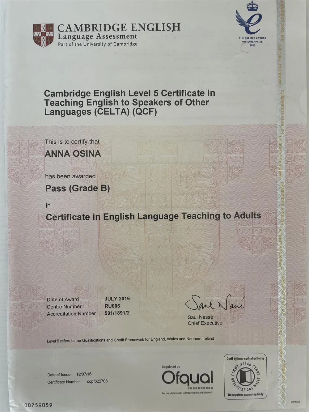 CELTA Certificate 