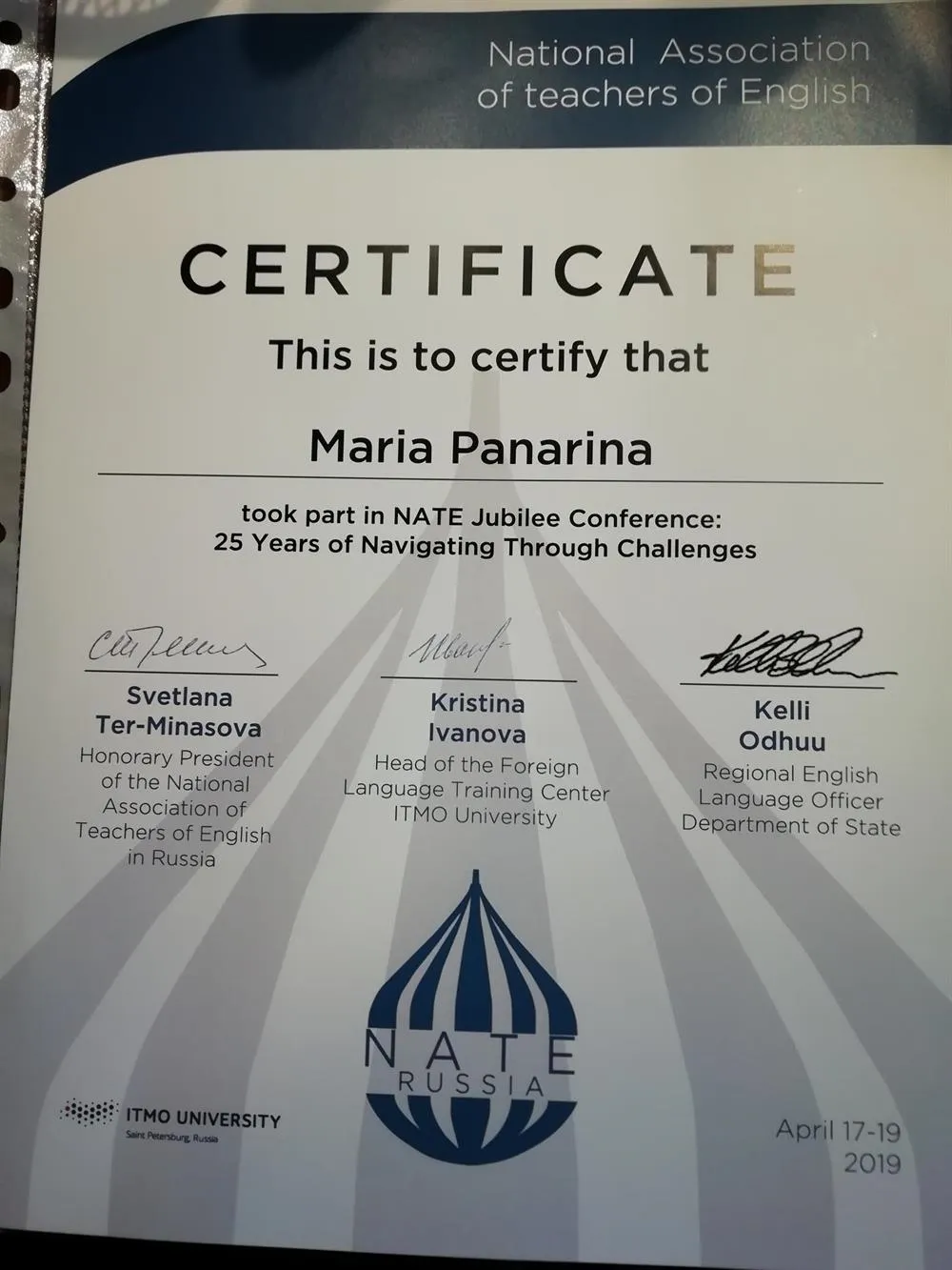 Certificate of participation in NATE conference, 17-19.04.2019