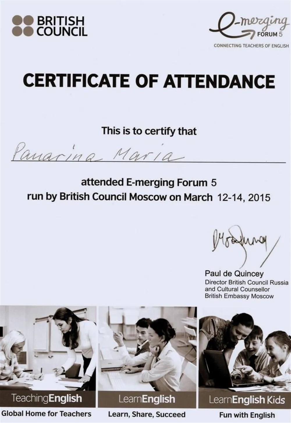 Certificate of attendance "E-Merging Forum 5"