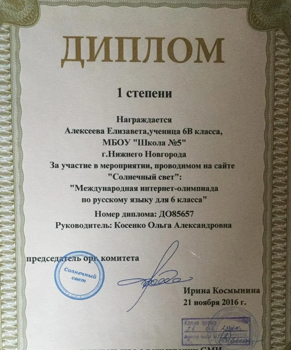 Диплом 1 степени Международной онлайн - Олимпиады