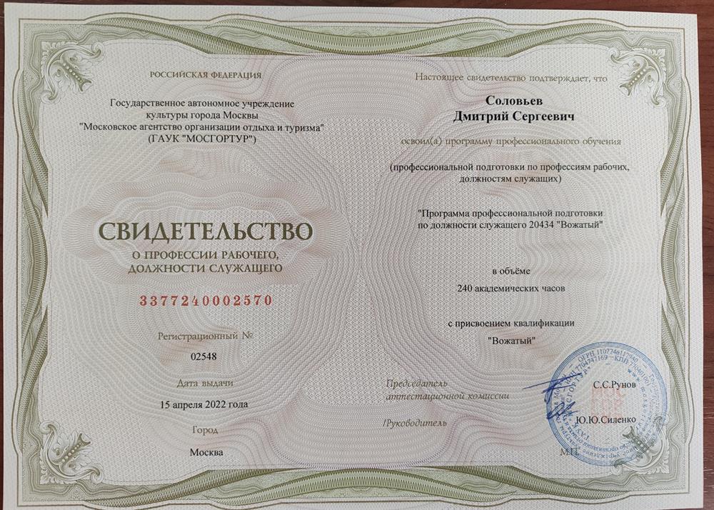 Свидетельство о профессии вожатого
