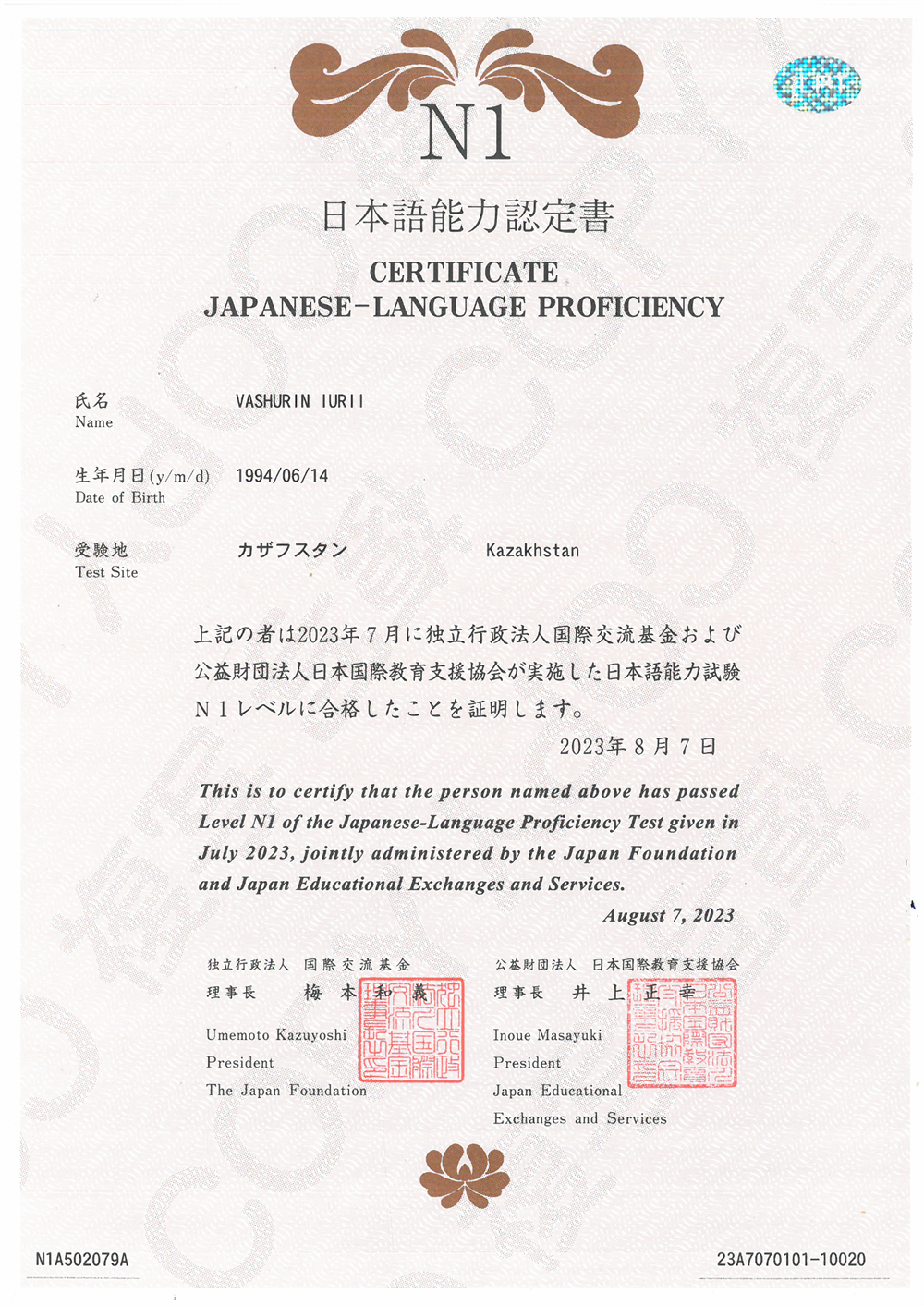 Сертификат JLPT N1