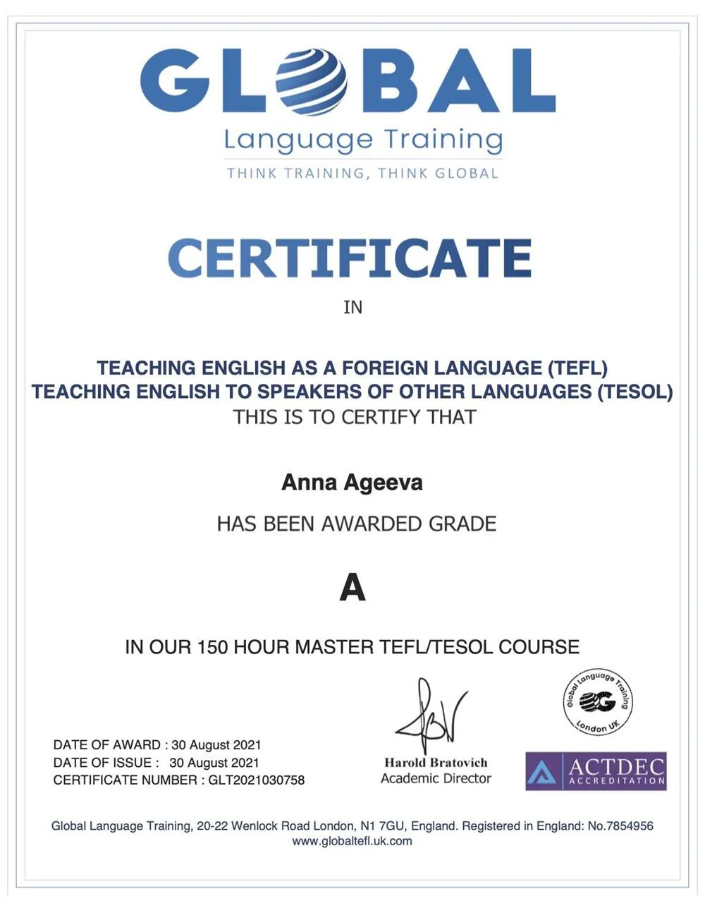 TEFL/TESOL course certificate