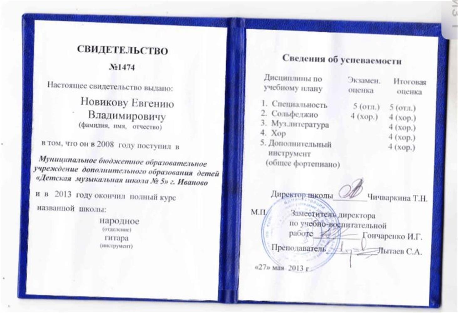Свидетельство об окончании Музыкальной школы